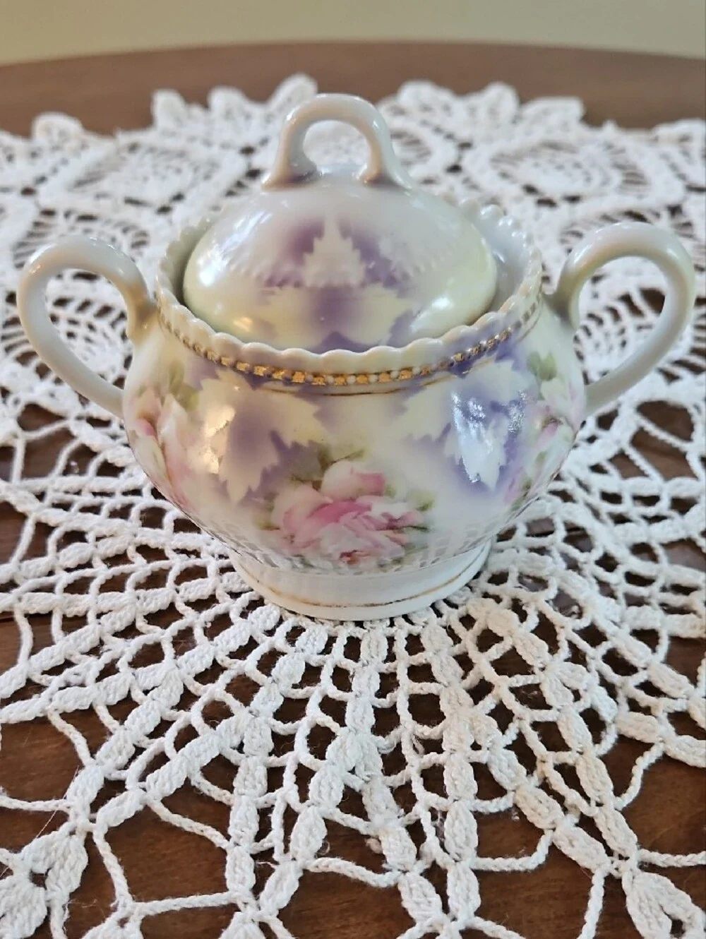 Antique PK Silesia Lidded Sugar Bowl Rose Lusterware Germany Circa 1886-1914